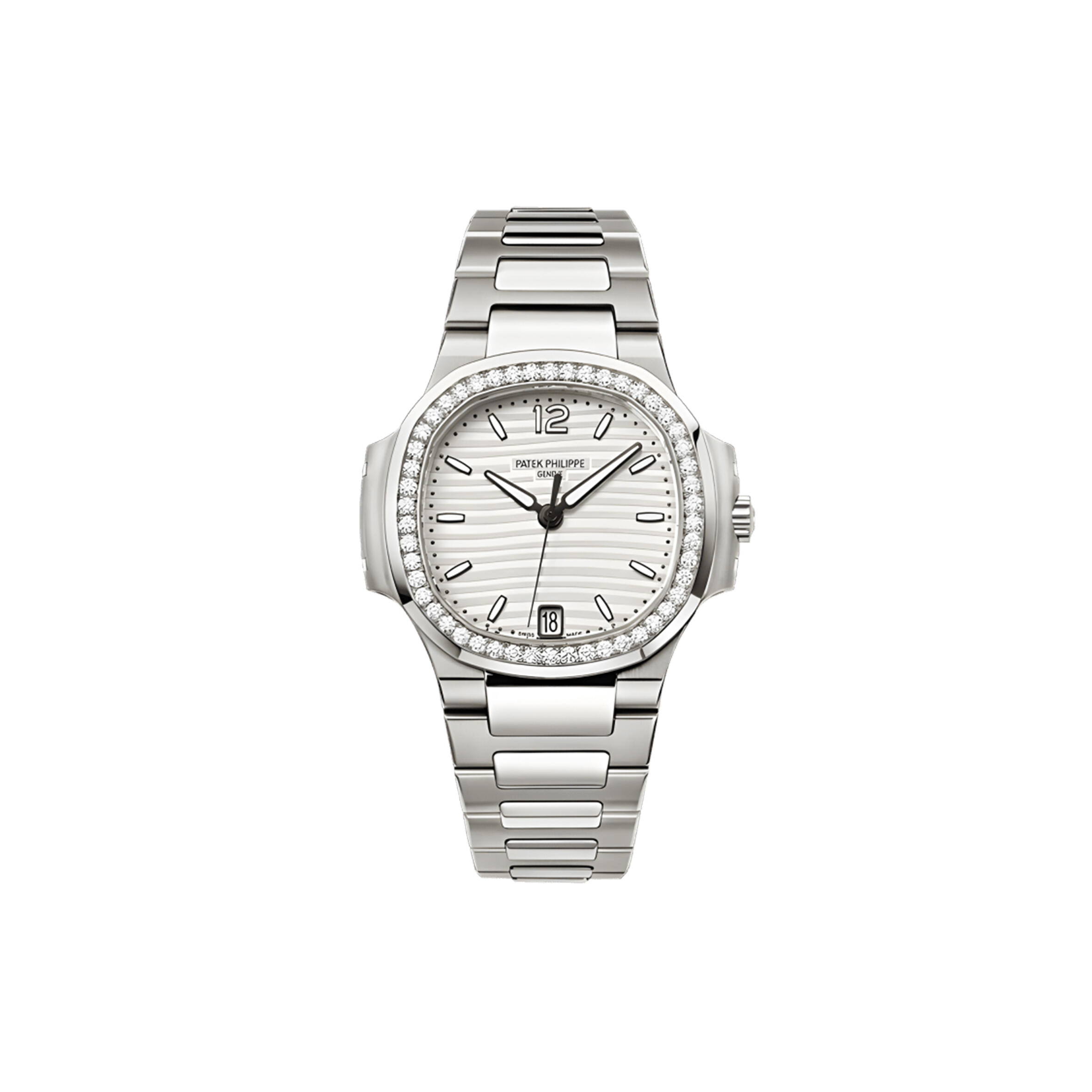 PATEK PHILIPPE NAUTILUS SILVER DIAL DIAMOND STEEL LADIES WATCH 7018 32MM 